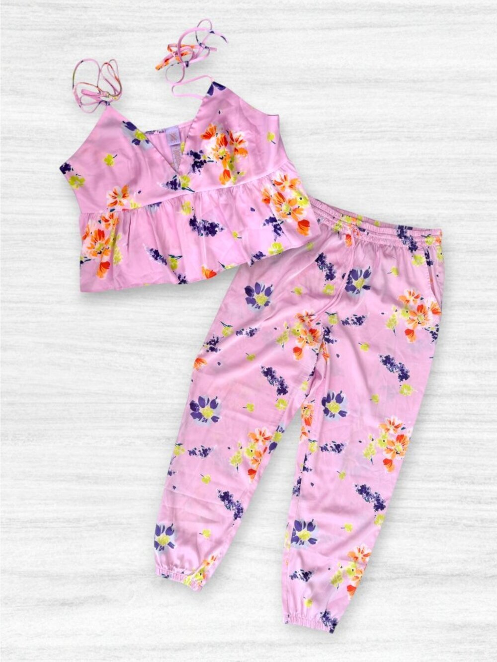 Savage X Fenty Pink Floral 2 Piece Set L Cami Top Joggers Lounge Pajama Matching